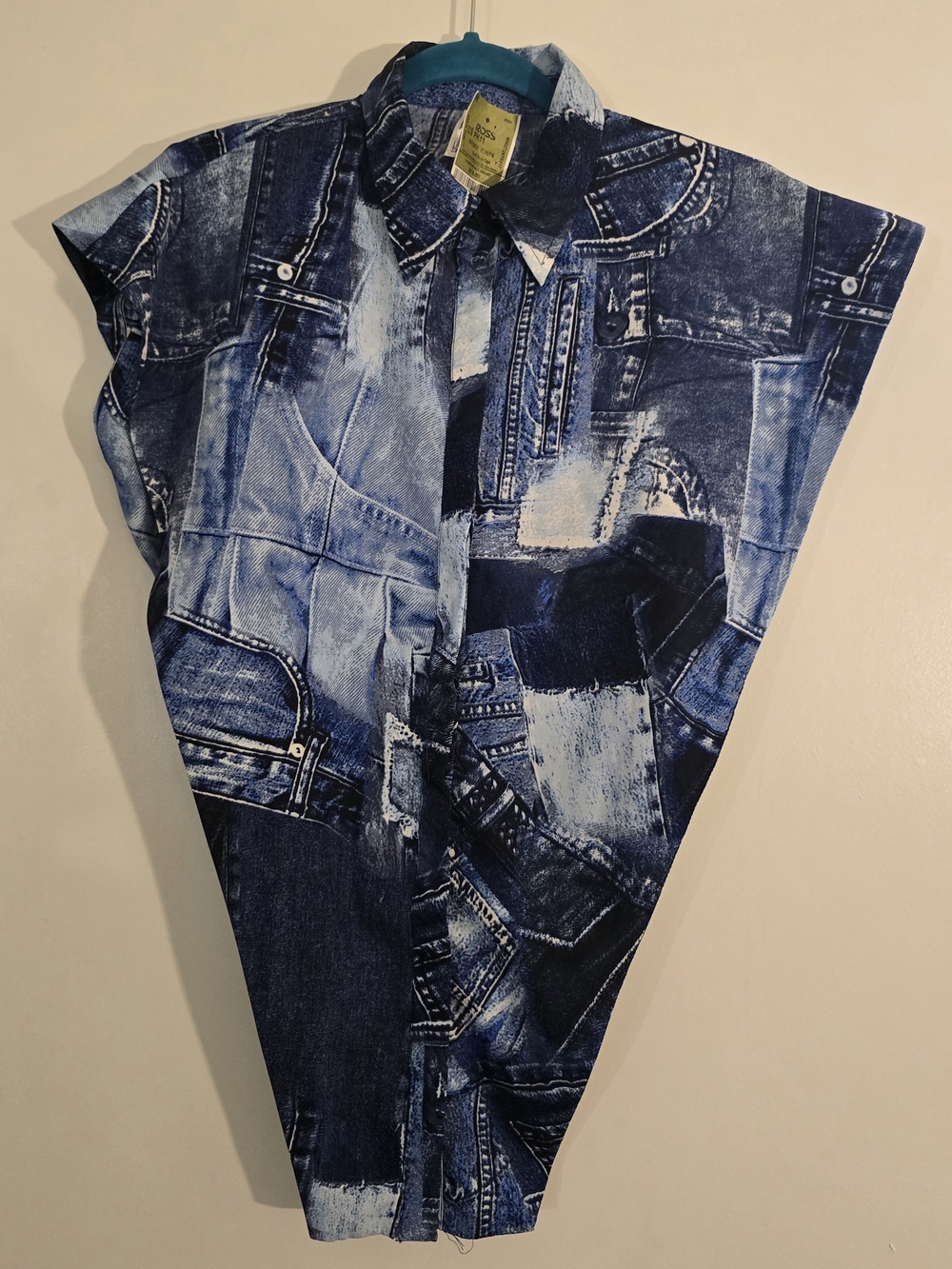 Cap-sleeve cut Women’s Blue Patchwork Print Jeans Shirt